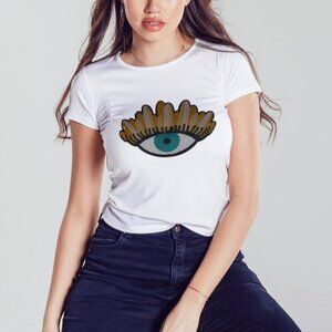 Lux Evil Eye Sequins White Oversized T-Shirt Front Tie Women's VS